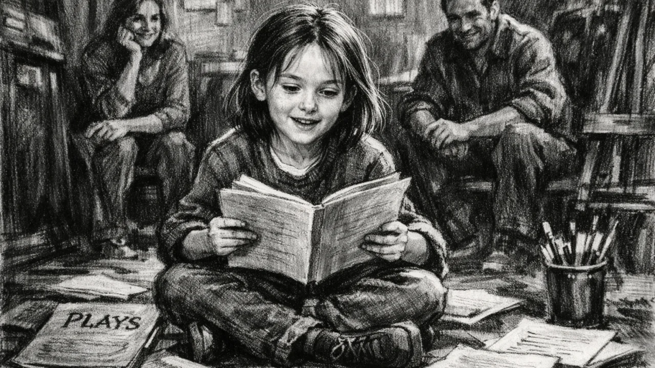 Prikaz ranog djetinjstva Keire Knightley u ugalj stilu, s obiteljskim kazališnim okruženjem i umjetničkom atmosferom.