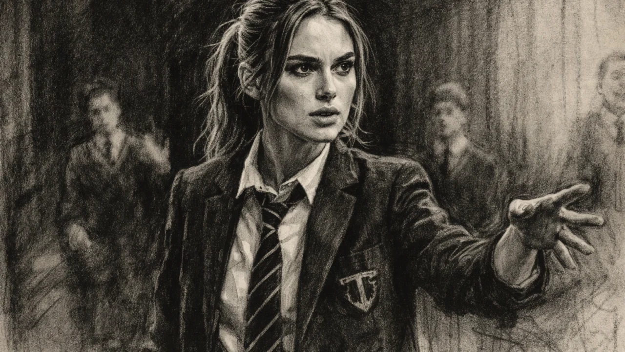 Keira Knightley tijekom školskih dramskih aktivnosti prikazana u ugalj stilu, s naglaskom na ranu glumačku strast.