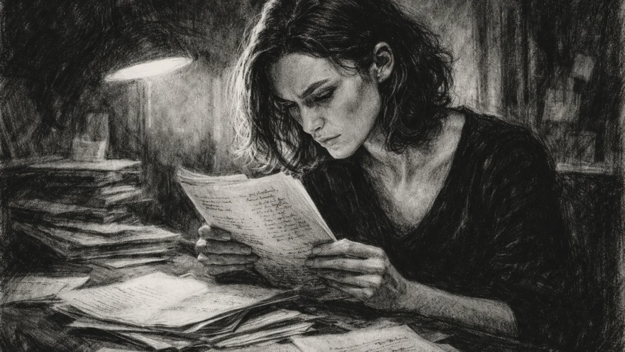 Intimna scena Keire Knightley kako proučava tekst, prikazana u ugalj stilu s naglaskom na upornost i koncentraciju.