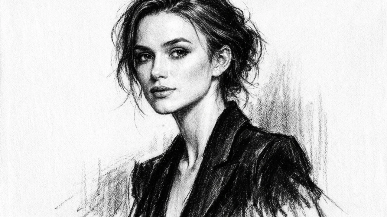 Mladu, ali profesionalno zrelu Keiru Knightley prikazanu u ugalj stilu, s izraženim samopouzdanjem.