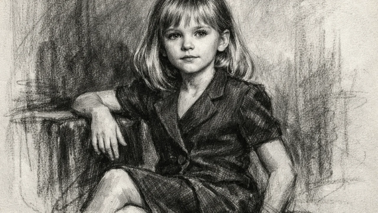 Djetinjstvo Kirsten Dunst prikazano u ugalj stilu, rani modni studio s izražajnim ugljenim linijama.