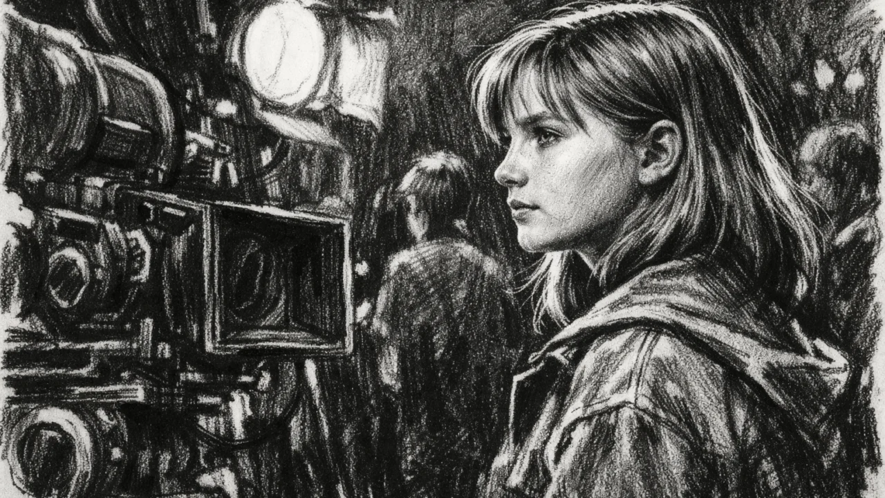 Rani glumački dani Kirsten Dunst u ugalj stilu, filmski set u crno-bijelom kontrastu.