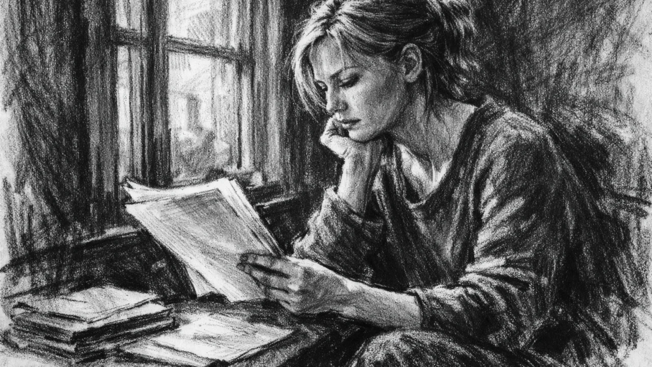 Kirsten Dunst u procesu učenja i pripreme, prikazana u ugalj stilu s naglašenom atmosferom.