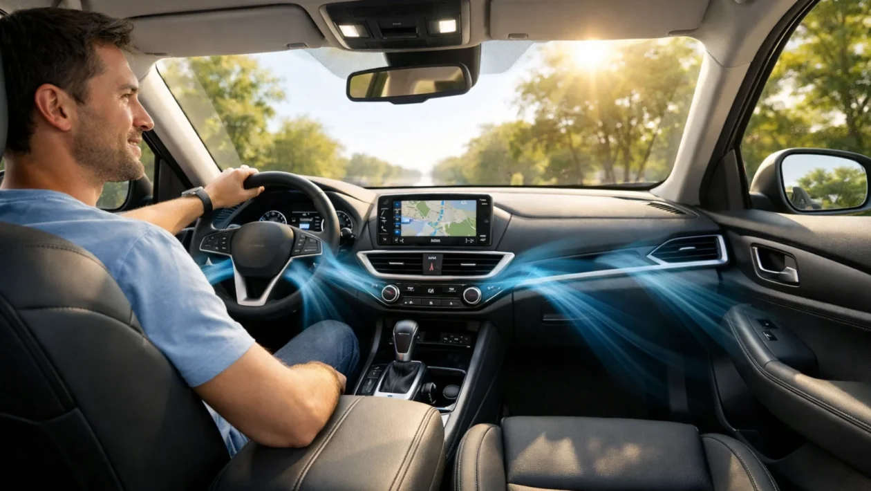 Interijer modernog automobila s uključenom klimom, čista kabina i pravilno korištenje klima uređaja bez neugodnih mirisa