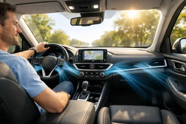 Interijer modernog automobila s uključenom klimom, čista kabina i pravilno korištenje klima uređaja bez neugodnih mirisa