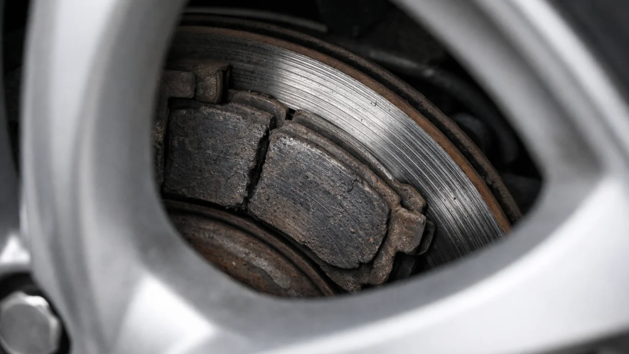 Istrošene kočione pločice i oštećen disk vidljivi kroz naplatak automobila