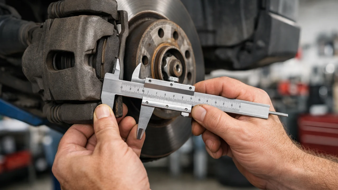 Vizualna provjera debljine kočionih pločica u autoservisu kao znak istrošenosti