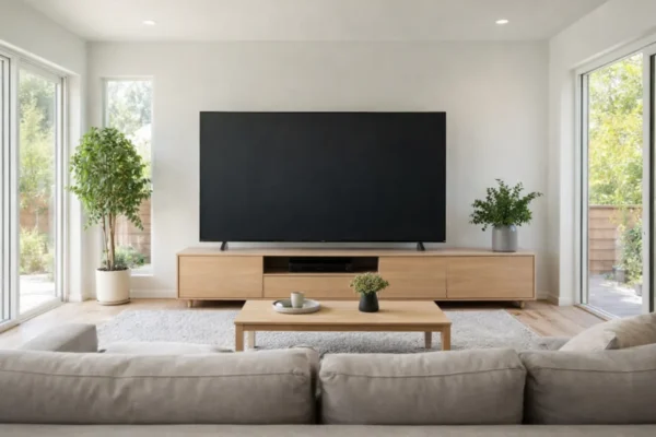 Moderna dnevna soba s televizorom pravilno postavljenim na optimalnoj udaljenosti za zdravo i ugodno gledanje