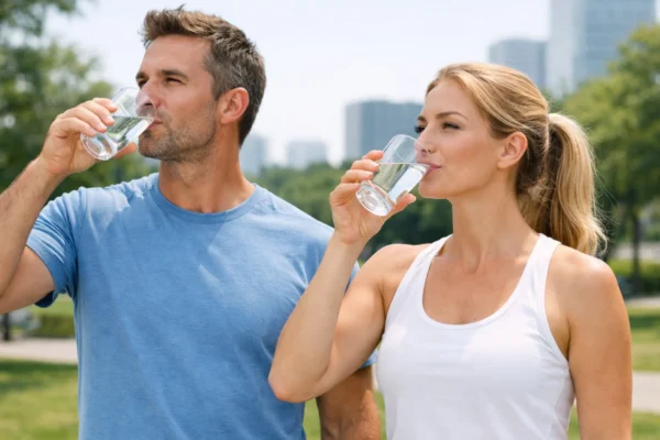 Muškarac i žena piju vodu na otvorenom, simbol preporučene dnevne hidracije i zdravih navika