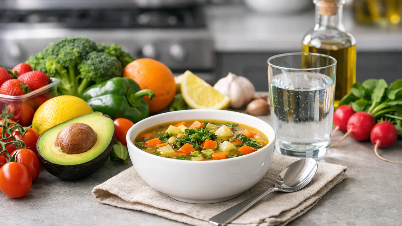 Hrana bogata vodom poput voća, povrća i juhe koja doprinosi ukupnom dnevnom unosu tekućine