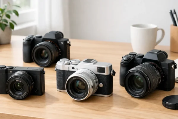 Kompaktni i mirrorless fotoaparat zajedno na radnom stolu – usporedba izbora prvog fotoaparata za početnike