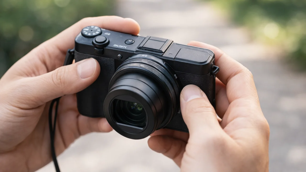 Kompaktni fotoaparat u rukama početnika s jednostavnim upravljanjem i ugrađenim objektivom