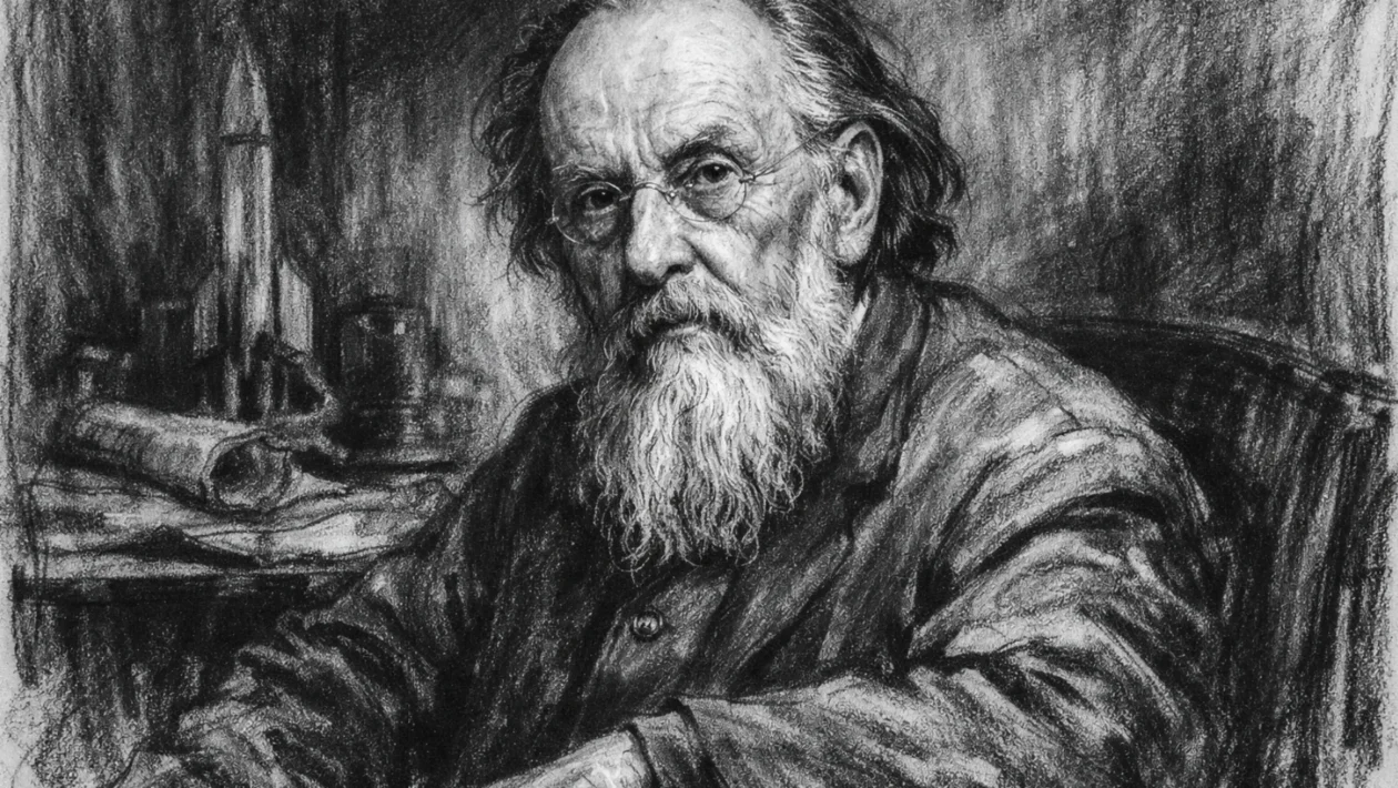 Portret Konstantina Tsiolkovskog u ugalj stil crtežu, naglašen portret ruskog znanstvenika s izražajnim linijama.