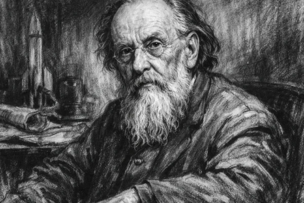 Portret Konstantina Tsiolkovskog u ugalj stil crtežu, naglašen portret ruskog znanstvenika s izražajnim linijama.