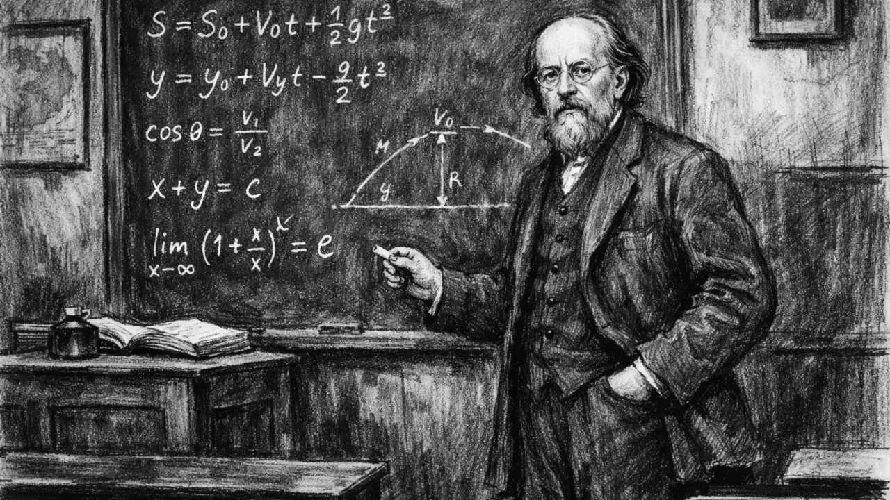 Tsiolkovski kao učitelj matematike u Kalugi, scena prikazana u ugalj stil crtežu.