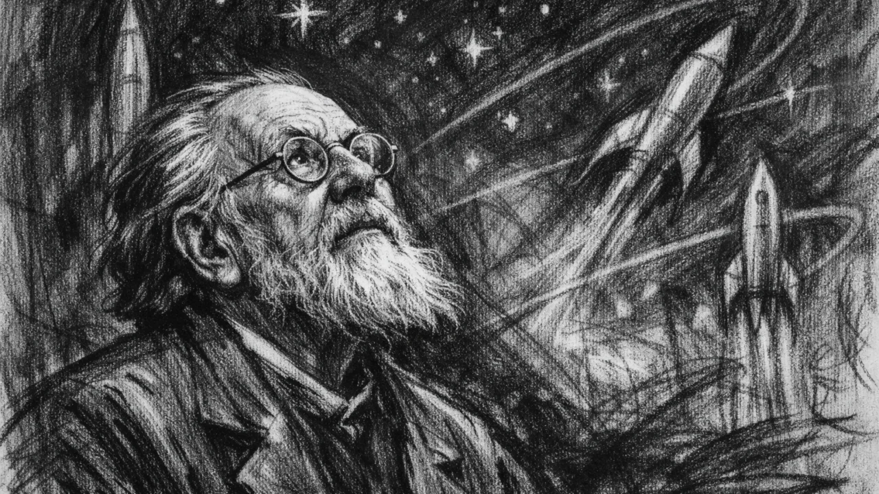 Stariji Tsiolkovski promatra zvjezdano nebo i razmišlja o svemiru, prikazan u ugalj stil crtežu.