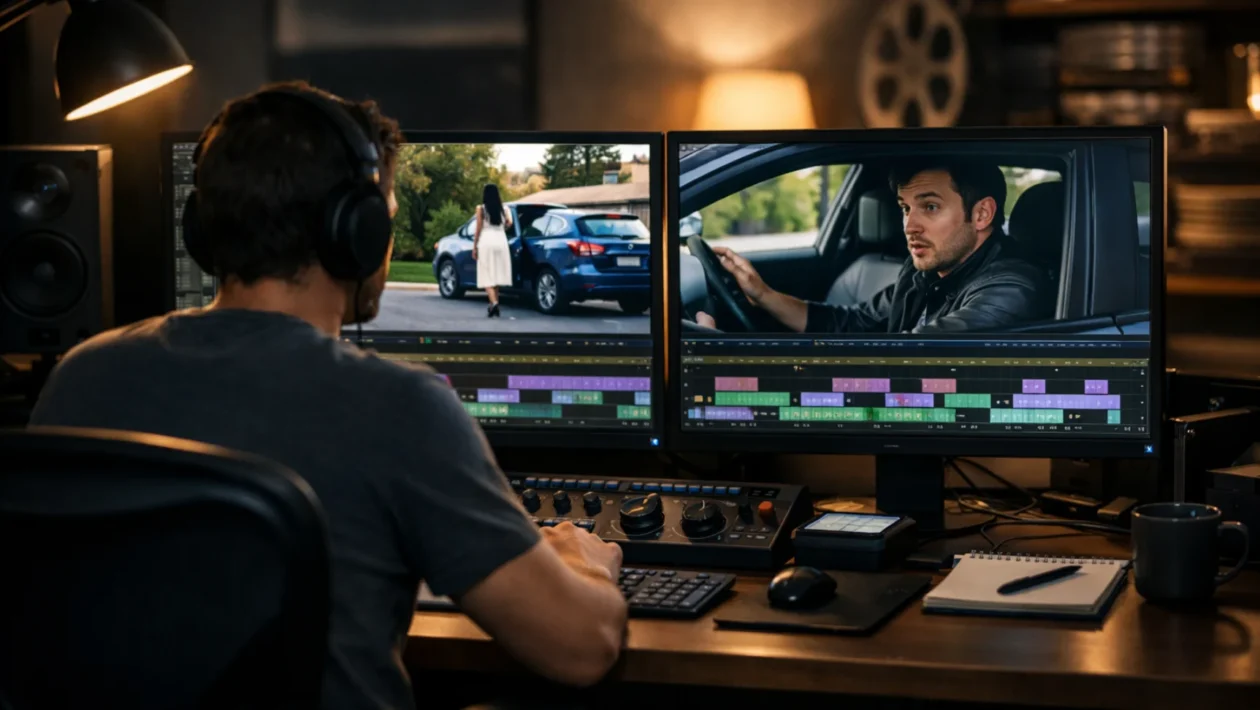 Filmska montaža s fokusom na kontinuitet, montažer analizira kadrove i vremensku povezanost scena u profesionalnom studiju