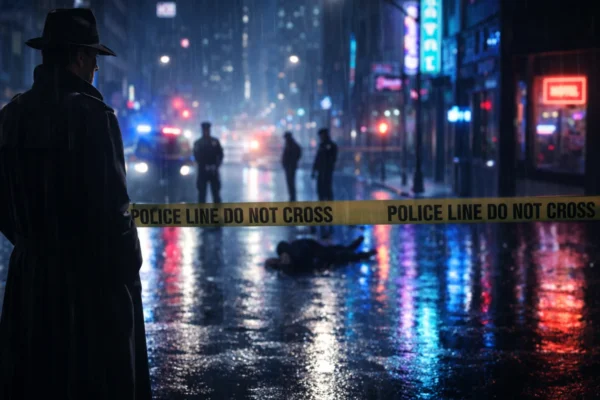 Široki kadar kriminalističkog filma s detektivom i policijskom istragom noću koji simbolizira misterij i napetost