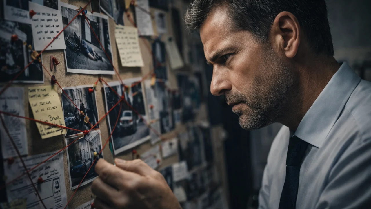 Detektiv analizira tragove na ploči s dokazima u kriminalističkom filmu, prikaz procesa istrage i psihologije