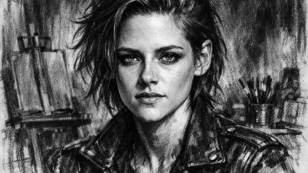 Portret Kristen Stewart u ugalj stilu, crno-bijeli crtež s visokim kontrastom i naglašenim crtama lica.
