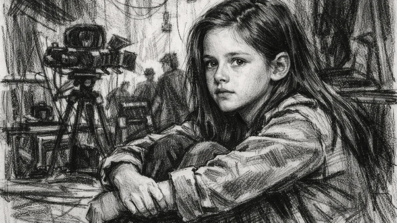 Kristen Stewart u djetinjstvu na filmskom setu, prikazana u ugalj stilu s izraženim kontrastima.