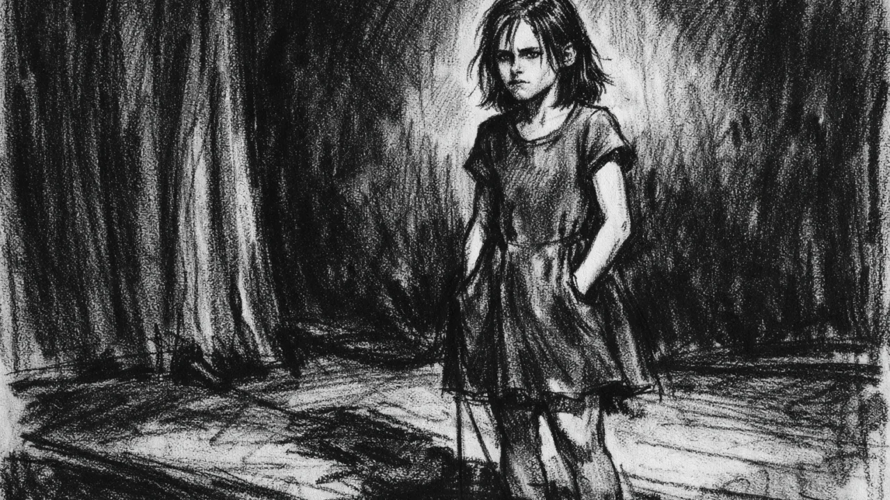 Kristen Stewart na školskoj priredbi gdje je primijećena od strane agenta, nacrtana u ugalj stilu.