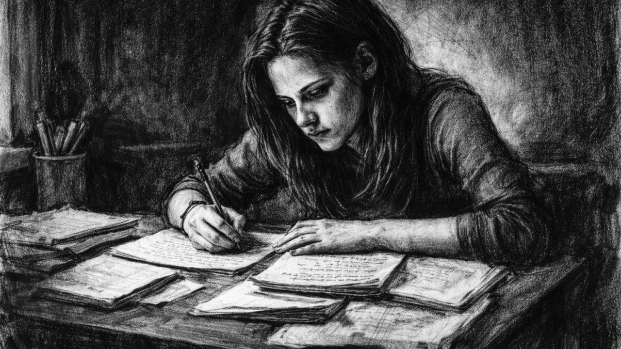 Kristen Stewart tijekom dopisnog školovanja, prikazana u ugalj stilu s naglašenom atmosferom rada.