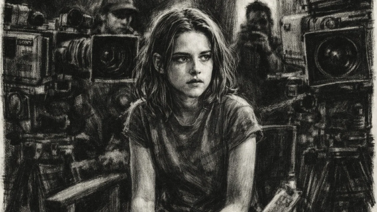 Rani filmski set s Kristen Stewart, realistično prikazan u ugalj stilu.