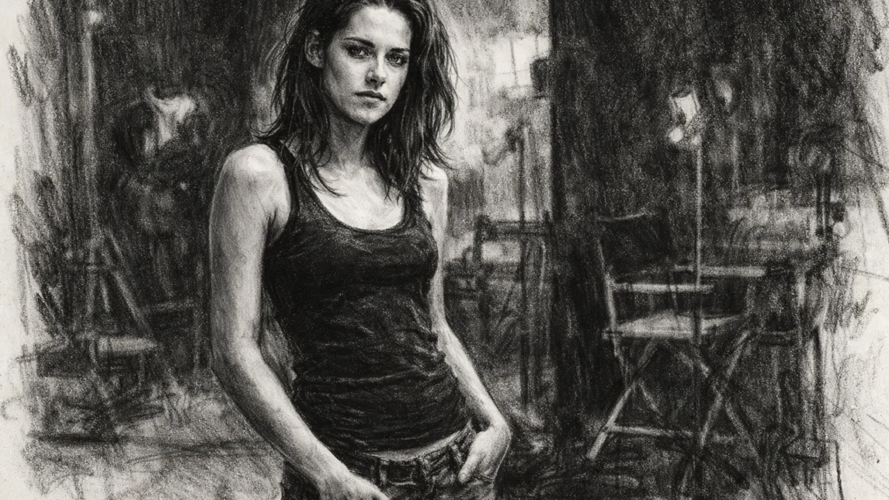 Kristen Stewart u ranoj fazi glumačke karijere, prikazana u ugalj stilu s izraženim linijama.