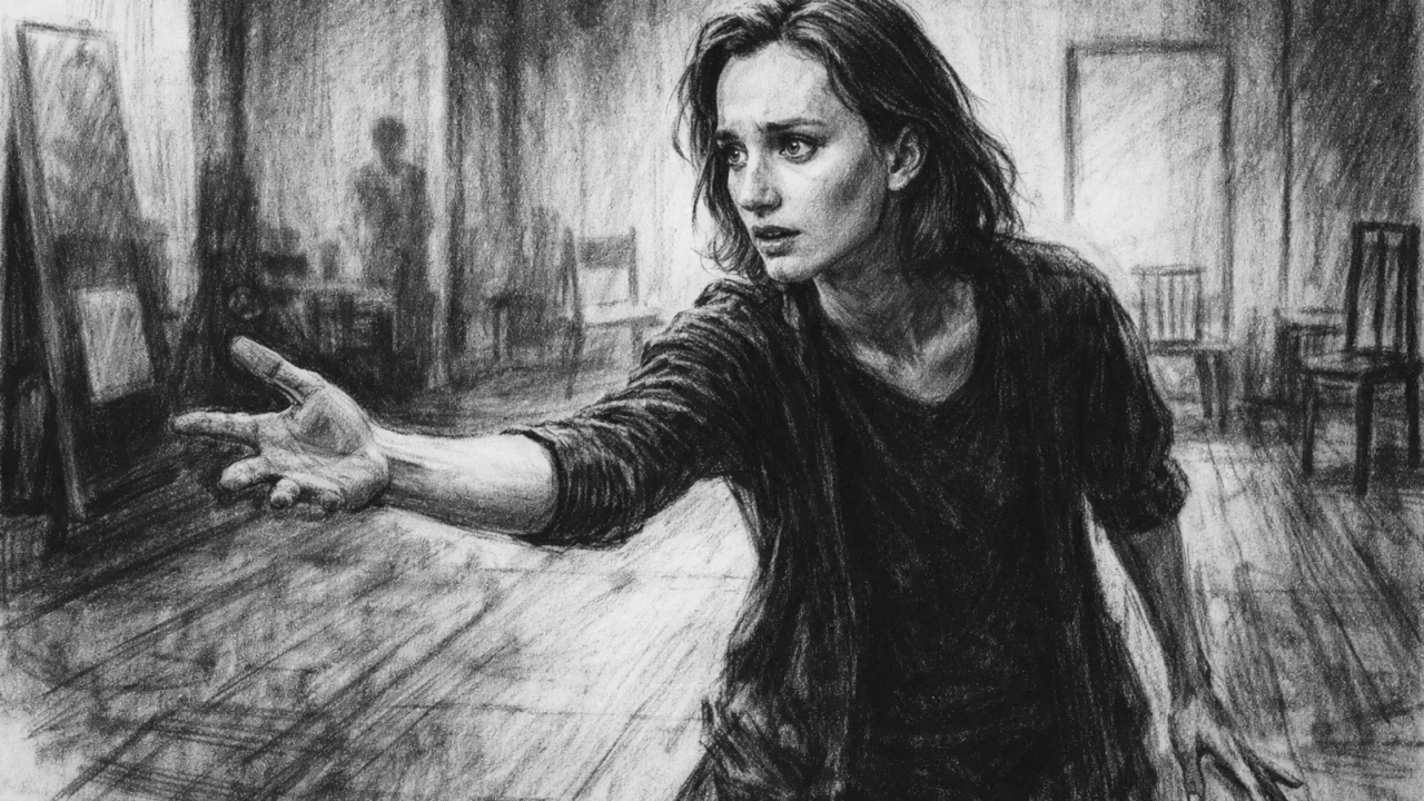 Kristin Scott Thomas kao studentica glume u ugalj stilu, crno-bijeli crtež s naglašenim kontrastom