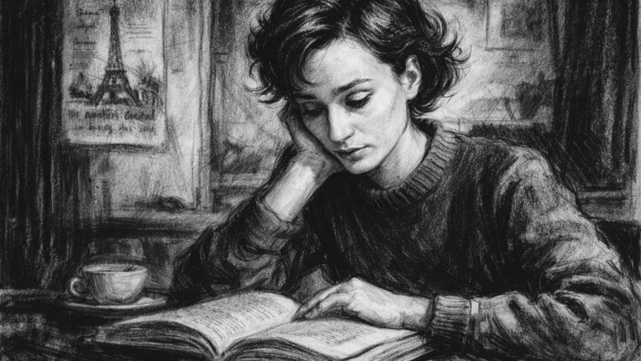 Prikaz Kristin Scott Thomas tijekom boravka u Francuskoj u ugalj stilu, intelektualna i mirna scena