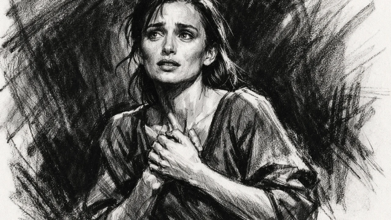 Kristin Scott Thomas u kazališnoj ulozi prikazana u ugalj stilu s izražajnom dramatikom