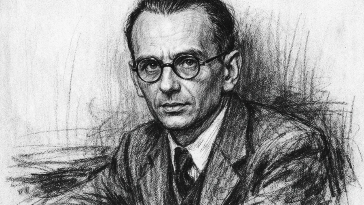 Portret Kurta Gödela u ugalj stilu, crno-bijeli portret s naglašenim kontrastom i izražajnim linijama.