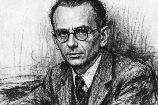 Portret Kurta Gödela u ugalj stilu, crno-bijeli portret s naglašenim kontrastom i izražajnim linijama.
