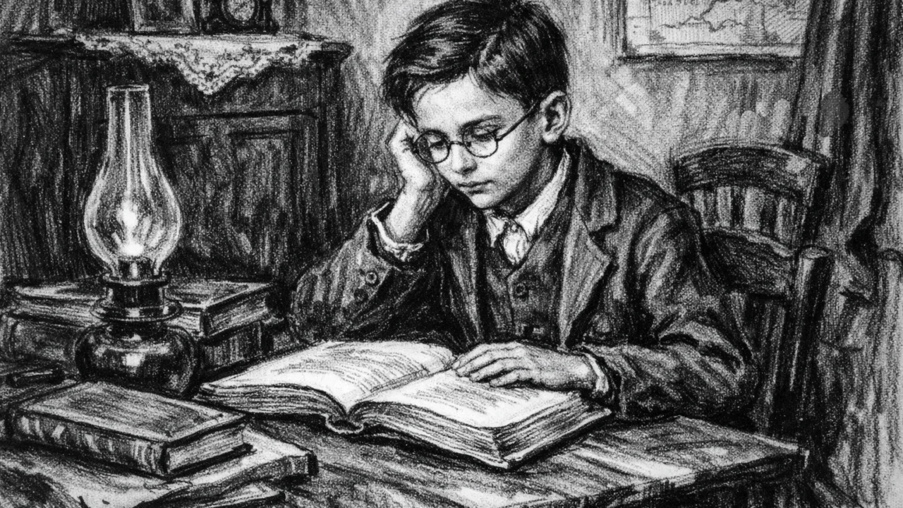 Mladi Kurt Gödel kao dijete u Brnu, prikazan u ugalj stilu s knjigama i znanstvenom znatiželjom.