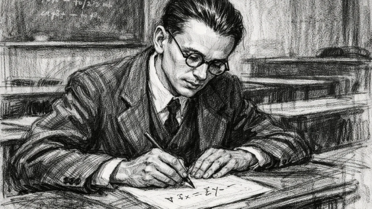 Kurt Gödel tijekom studija u Beču, nacrtan u ugalj stilu dok proučava matematiku.
