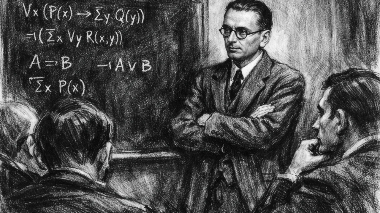 Kurt Gödel u bečkom akademskom okruženju, prikazan u ugalj stilu tijekom znanstvene rasprave.