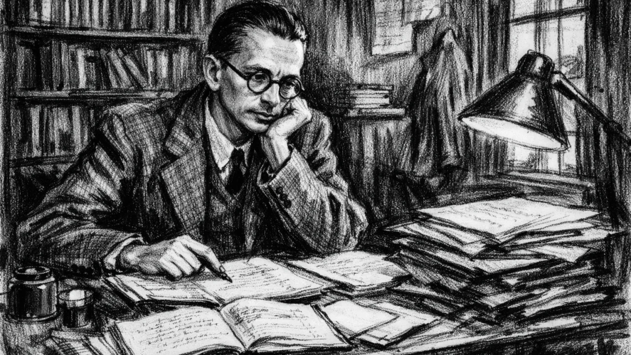 Kurt Gödel u Princetonu na Institutu za napredne studije, ilustriran u ugalj stilu.