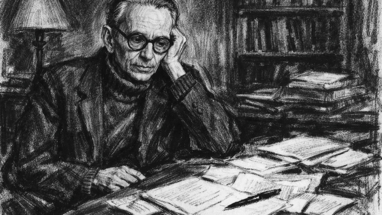 Stariji Kurt Gödel u trenutku razmišljanja, prikazan u ugalj stilu s naglašenom introspekcijom.
