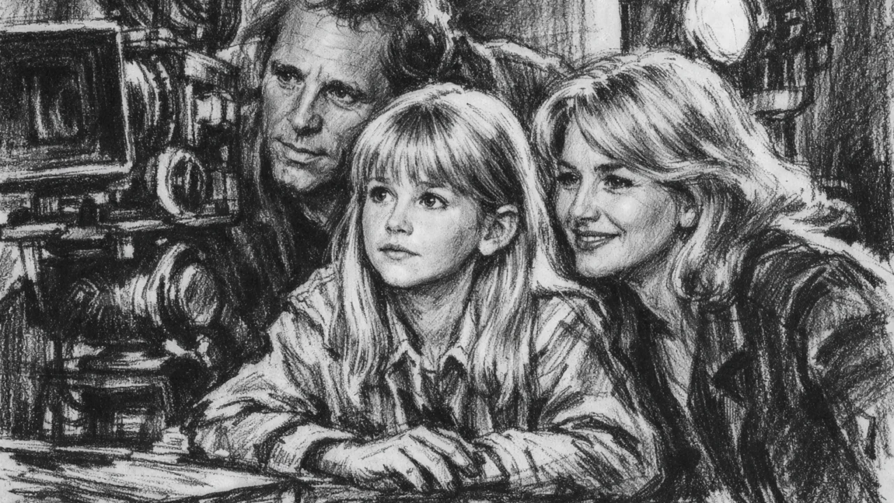 Djetinjstvo Laure Dern na filmskom setu prikazano u ugalj stil crtežu s izraženom atmosferom ranog nadahnuća.