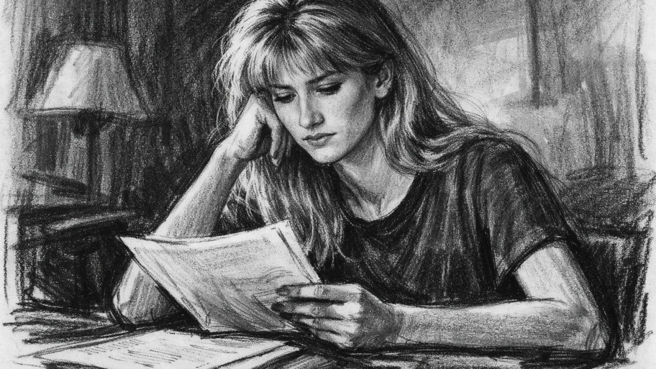 Mlada Laura Dern dok uči i čita scenarije, prikazana u ugalj stil ilustraciji s visokim kontrastom.