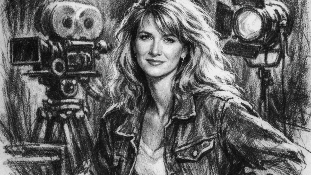 Rani početak glumačke karijere Laure Dern predstavljen u ugalj stil crtežu, crno-bijela scena s filmskim ugođajem.