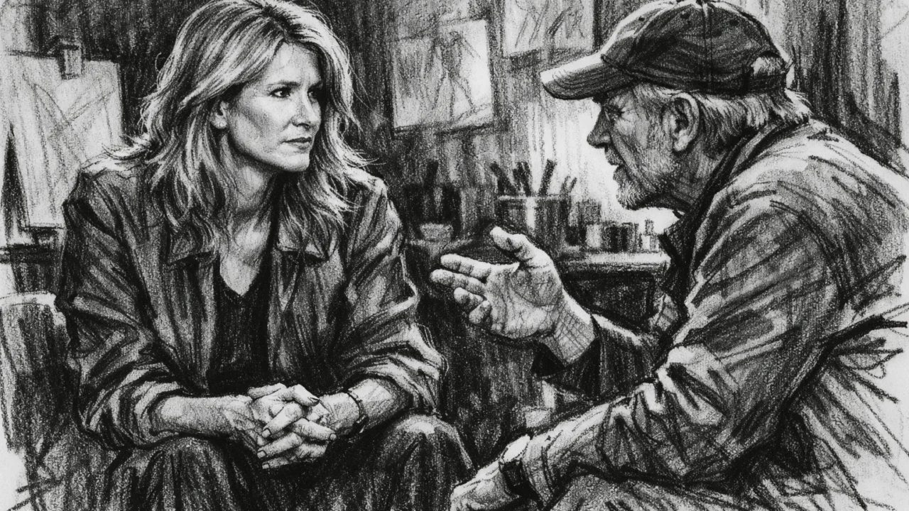 Laura Dern u profesionalnom razgovoru s redateljem, prikazana u ugalj stil crtežu s izražajnim linijama.