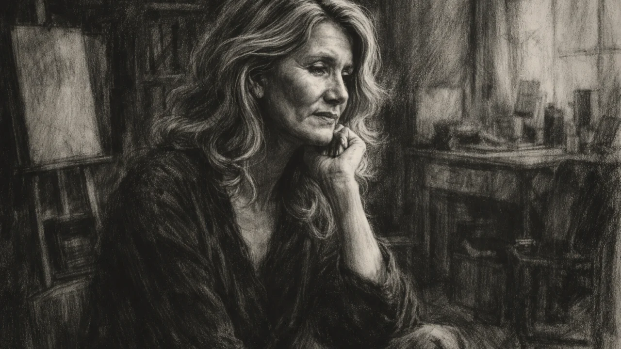 Zrela Laura Dern u introspektivnom trenutku, umjetnički prikaz u ugalj stil tehnici s jakim kontrastom.