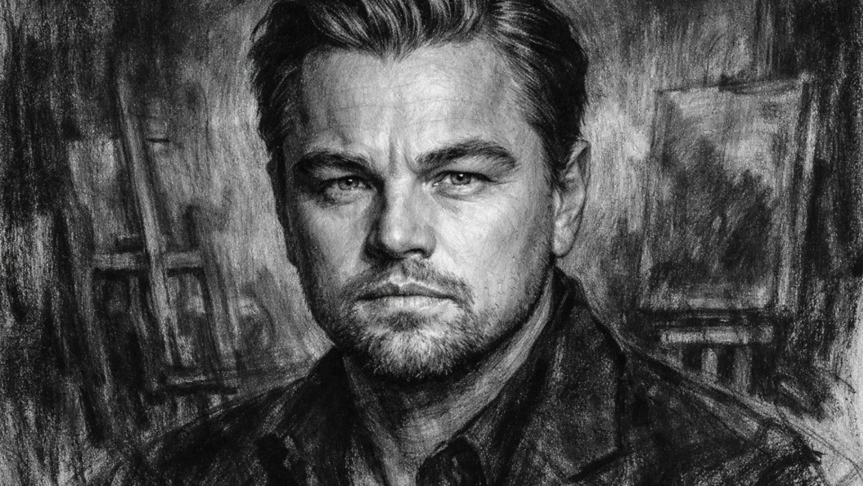 Portret Leonarda DiCaprija u ugalj stilu, crno-bijeli portret visokog kontrasta s izražajnim linijama