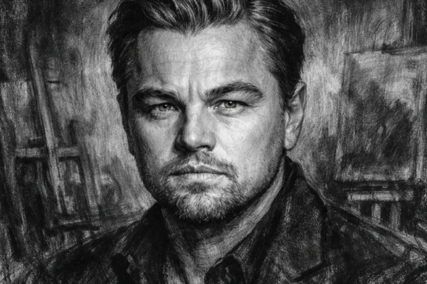 Portret Leonarda DiCaprija u ugalj stilu, crno-bijeli portret visokog kontrasta s izražajnim linijama