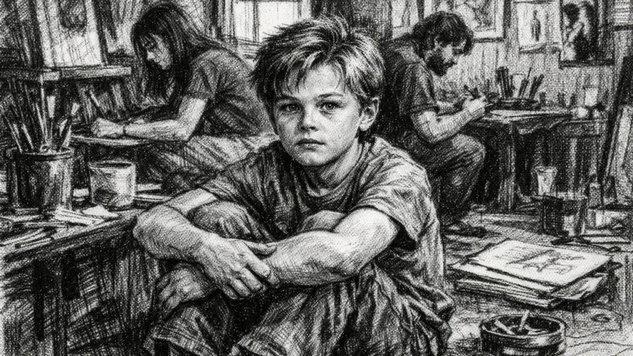 Scena ranog djetinjstva Leonarda DiCaprija u Los Angelesu u ugalj stilu, crno-bijela ilustracija