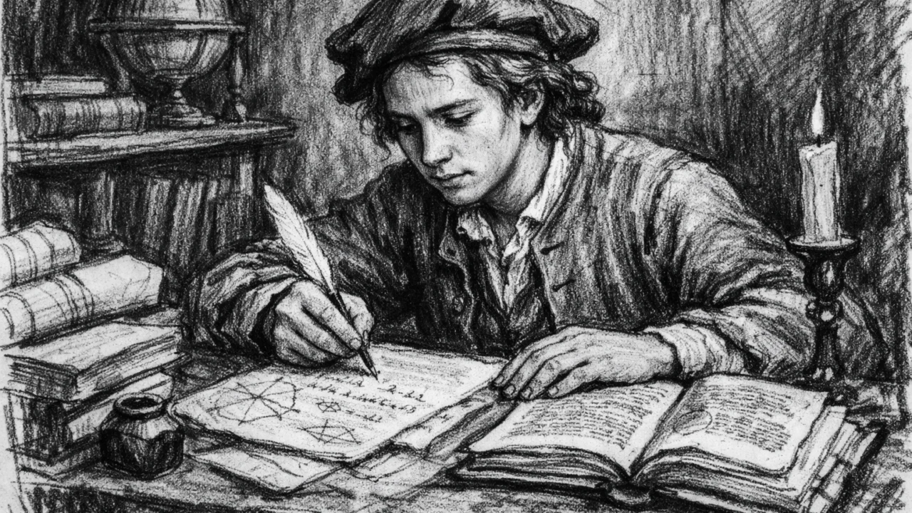Mladi Leonhard Euler tijekom školovanja u Baselu, prikazan u ugalj stilu s matematičkim rukopisima