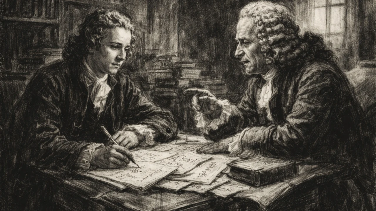 Leonhard Euler i Johann Bernoulli u akademskom razgovoru, nacrtano u ugalj stilu s visokim kontrastom