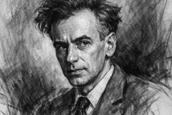 Portret Lev Landaua u ugalj stilu, crno-bijeli umjetnički prikaz znanstvenika s naglašenim kontrastom.
